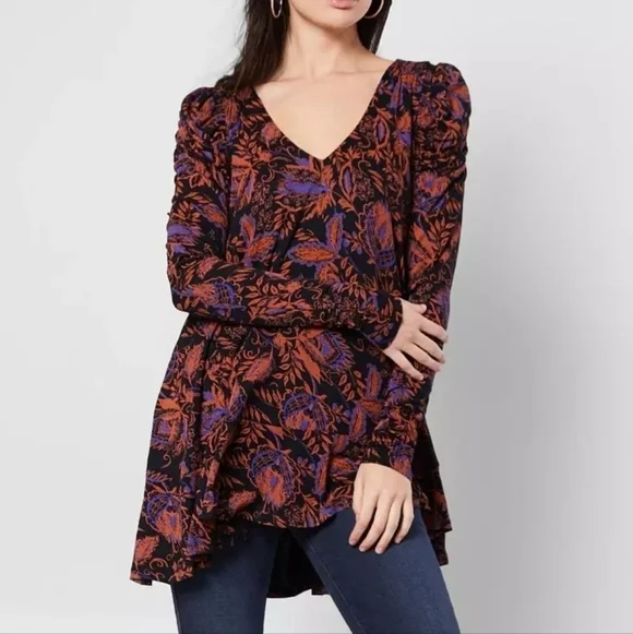 Free People Hello Lover Floral Print Long Puff Sleeve V-neck Tunic Top Black S - Picture 15 of 15